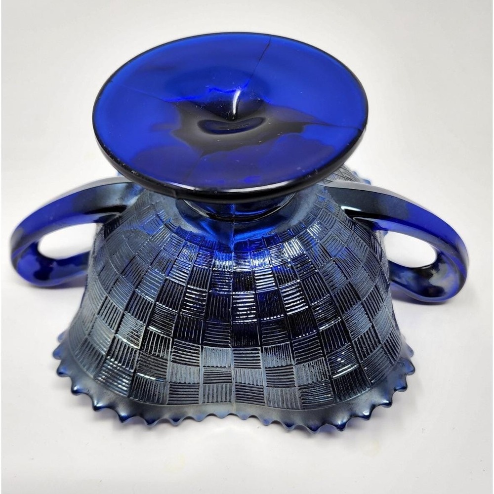 Northwood Cobalt Blue Fruits & Flowers Carnival Glass Handled Bonbon Dish - Picture 8 of 11